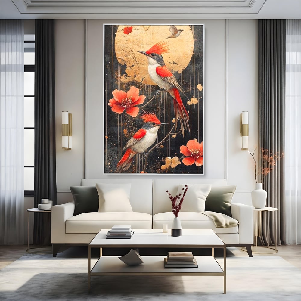 Tablou canvas cu tablou canvas cu pasari si flori rosii, in rama de aluminiu argintiu, pe perete intr-un living